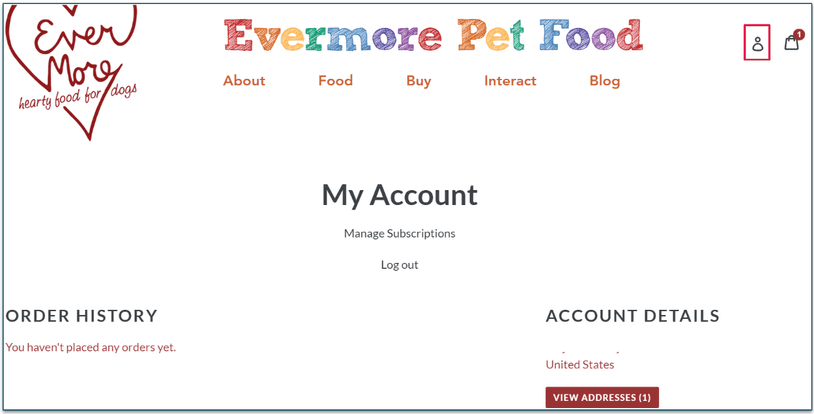 My Account page on the Evermore website