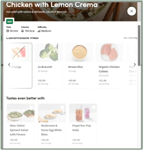 A Green Chef recipe page with suggested customizations and add-ons