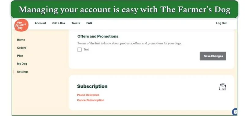 The Account screen for The Farmer's Dog with options for orders, plans, and settings
