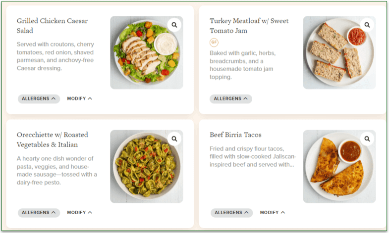 4 images and descriptions of dishes on the menu