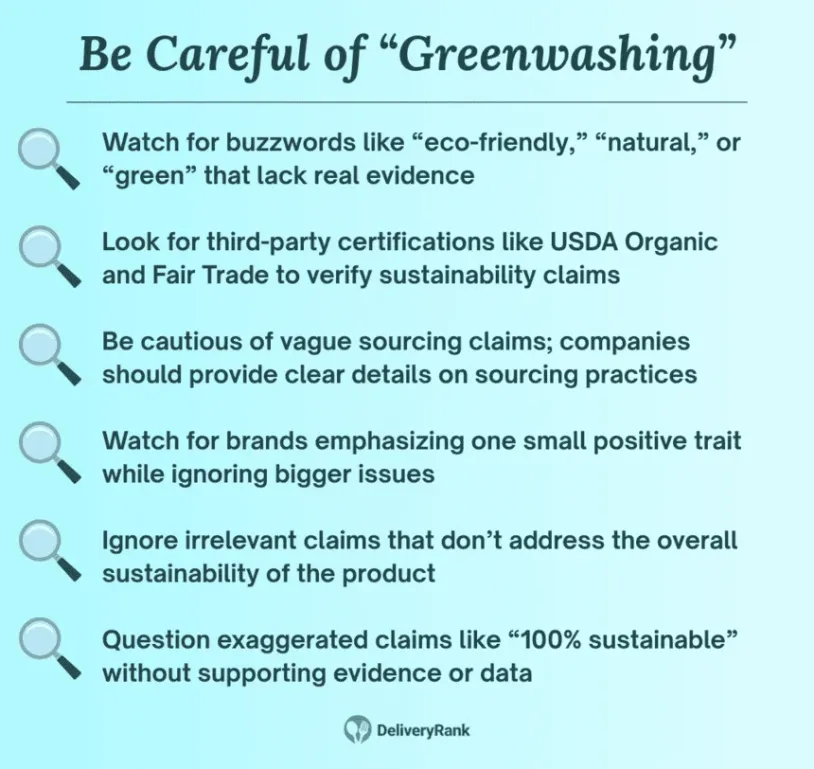 An infographic showing how to avoid falling for "greenwashing" marketing tactics.