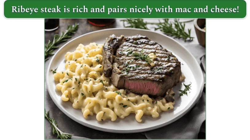 a plate of Herb and Butter Basted Ribeye Steak with Creamy Mac and Cheese