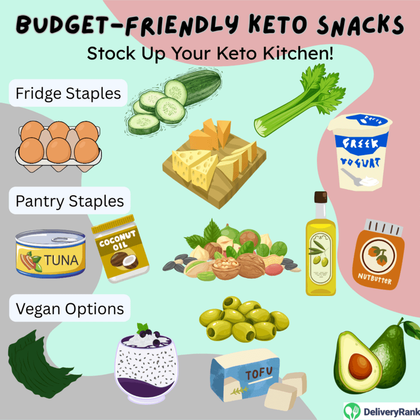 Infographic featuring images of budget-friendly keto snacks