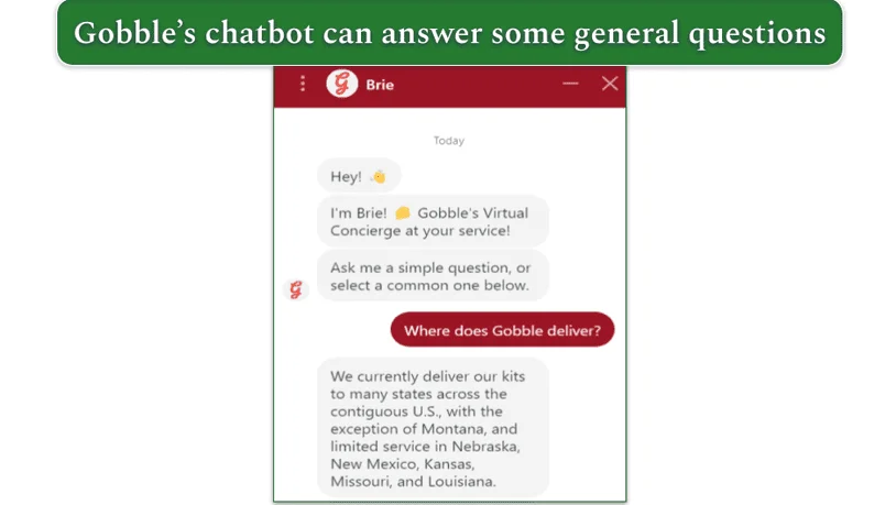 Screenshot of Gobble's chatbot answering a question about delivery areas