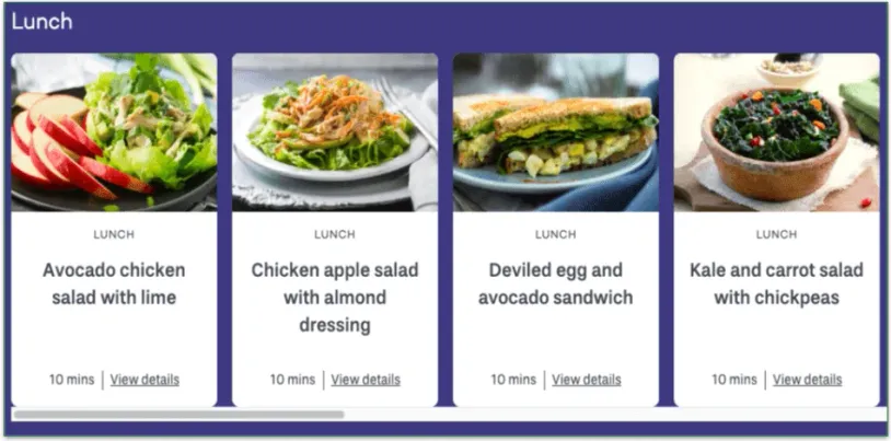 Screenshot of PlateJoy's lunch selection recipes