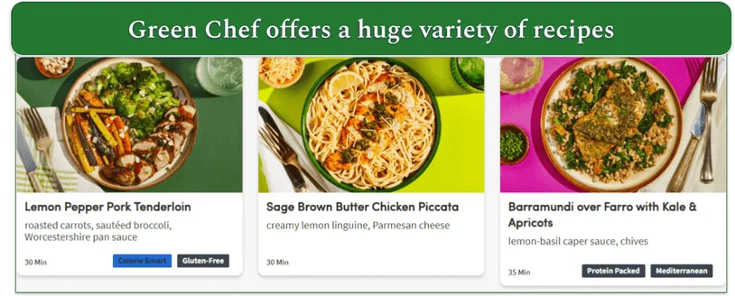 screenshot of 3 dishes on the Green Chef menu