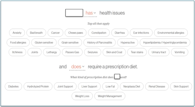 Screenshot of the health conditions and prescription diet screen during signup that lists various issues that may affect your dog such as allergies, joints, diabetes, and weight loss