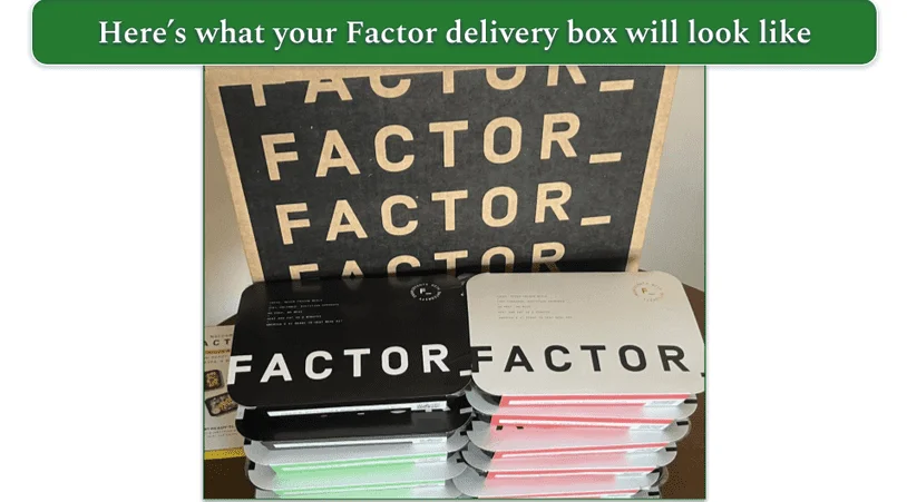 A dozen Factor meals stacked in front of the box they were shipped in