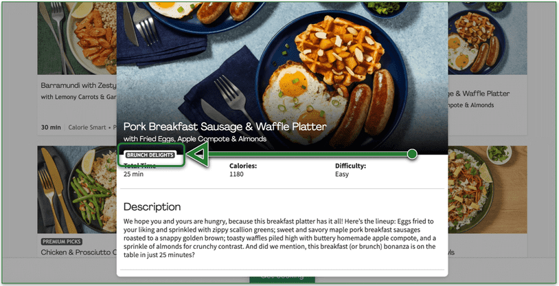 HelloFresh’s Pork Breakfast Sausage & Waffle Platter recipe with brunch delights tag highlighted
