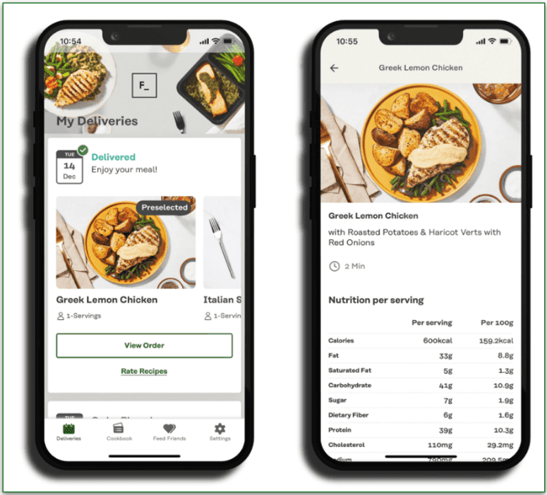 Image of 2 mobile screens showing Factor's app. One displays Factor's delivery and the other shows the nutrition details for a dish