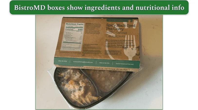 The reverse of a BistroMD box showing ingredients and nutritional information