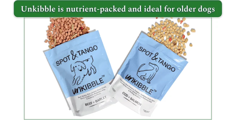 Two packs Spot & Tango unkibble shown open with food spilling out