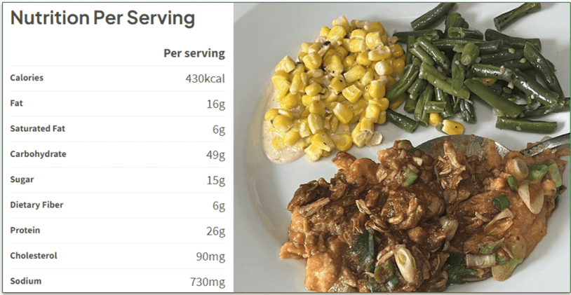 Factor's Shredded BBQ Chicken & Sweet Potato Mash recipe served on a plate next to the nutrition per serving