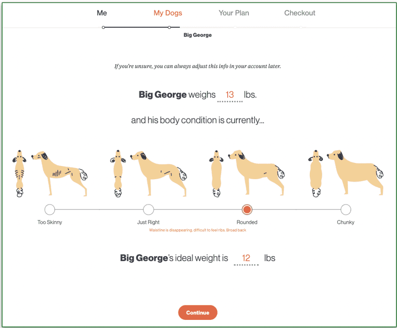 Screenshot of The Farmer's Dog introductory quiz