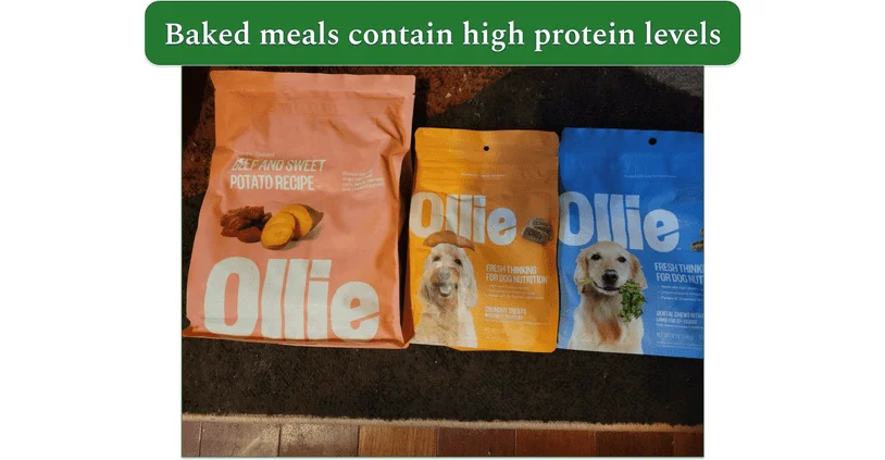 Ollies baked beef and sweet potato along with 2 packs of treats
