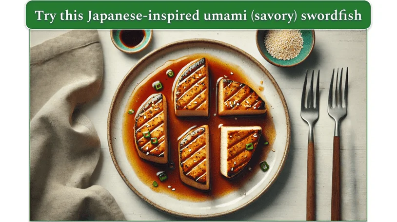 Image showing swordfish on a plate with a sauce of soy sauce, mirin, miso paste, sesame oil and rice vinegar with minced garlic and ginger