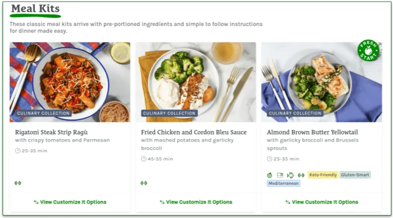 Three meal kits with icons and tags underneath to show which diets they are suitable for