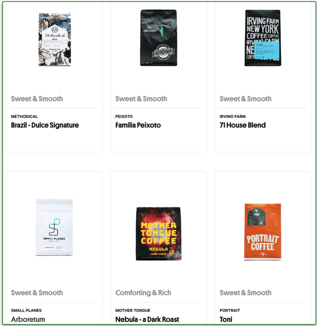 a screenshot of part of drink trade's coffee menu