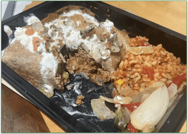 Mexican-Style Turkey Burrito mixed together in the microwaveable tray