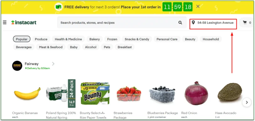 New Instacart users have to specify the approximate delivery location.