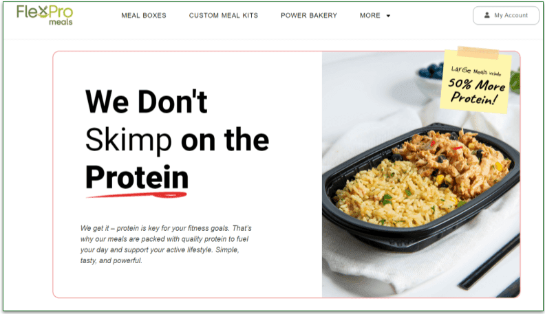 FlexPro Meals homepage with a high protein dish