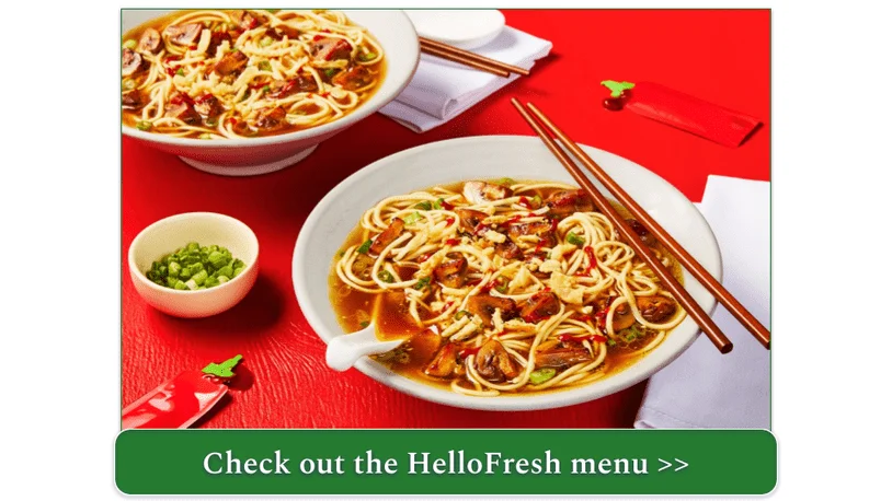 Stock photo of HelloFresh's vegan Mushroom and Soy Ramen served in two bowls with chopsticks