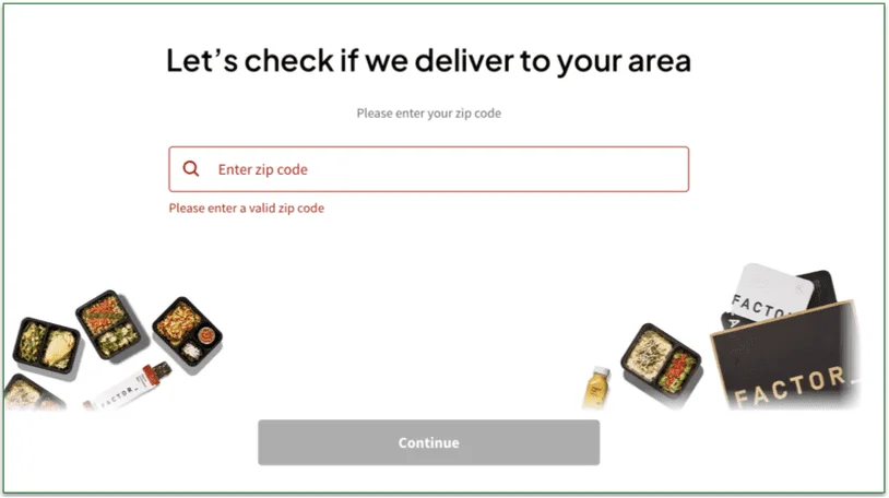 Screenshot of Factor sign up quiz - check if we deliver to your area