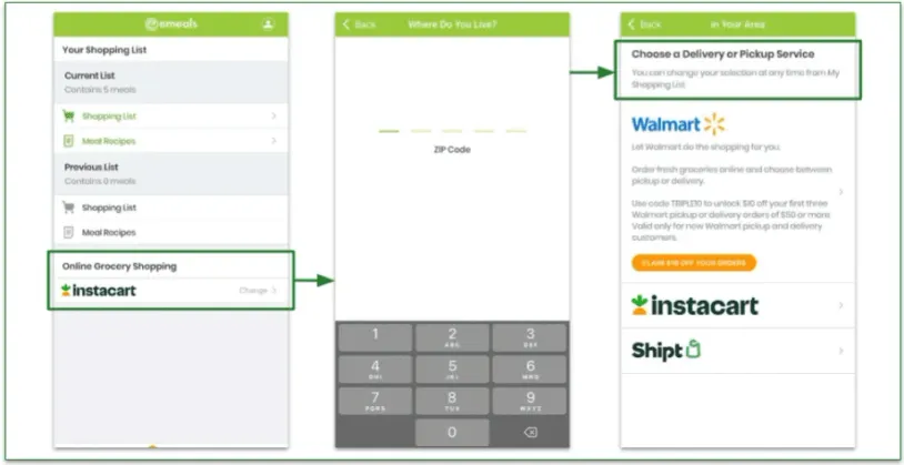 screenshot of selecting a grocery delivery service on eMeals app