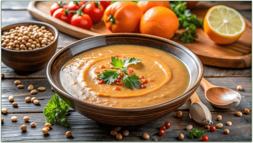 Bowl of lentil soup surrounded by lentils and tomatoes