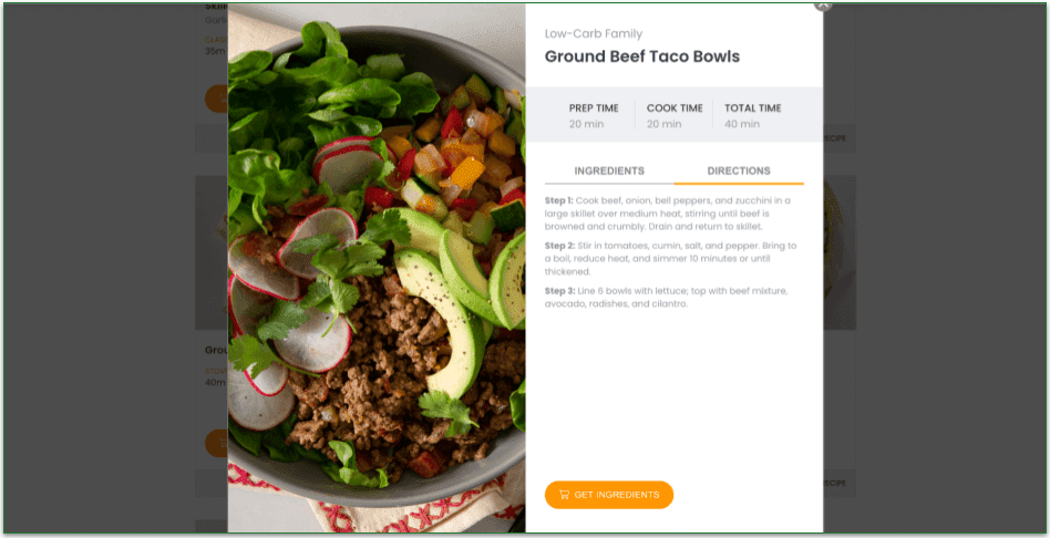 screenshot of eMeals Ground Beef Taco Bowls recipe