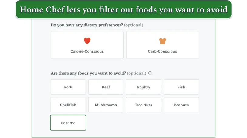 A screenshot of Home Chef's foods filter