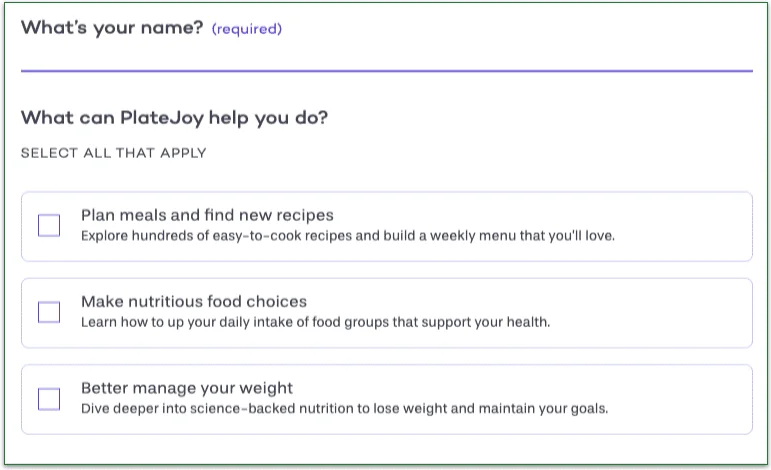 Screenshot of PlateJoy's sign-up page