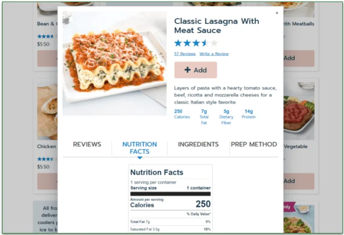 Nutritional information for the Classic Lasagna