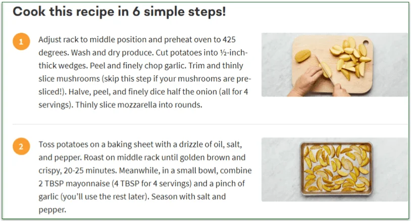 EveryPlate's recipe with each simple step requiring a few different tasks