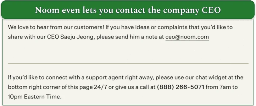 Screenshot of Noom's contact options including emailing the CEO, live chat, and phone
