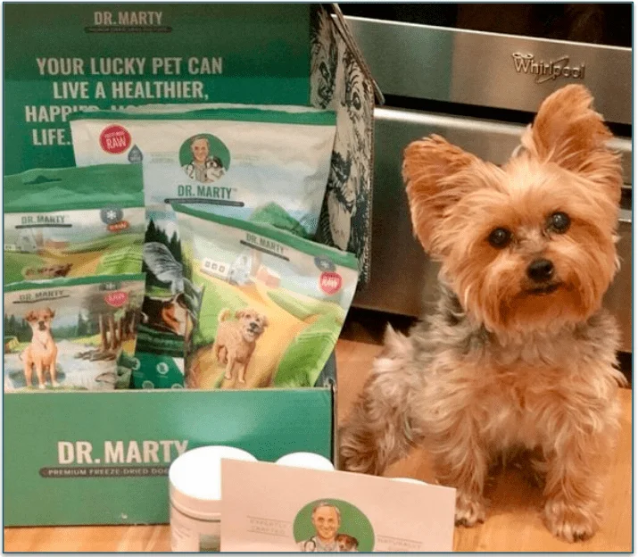 A Yorkshire Terrier standing guard over their box of food and supplements from Dr. Marty