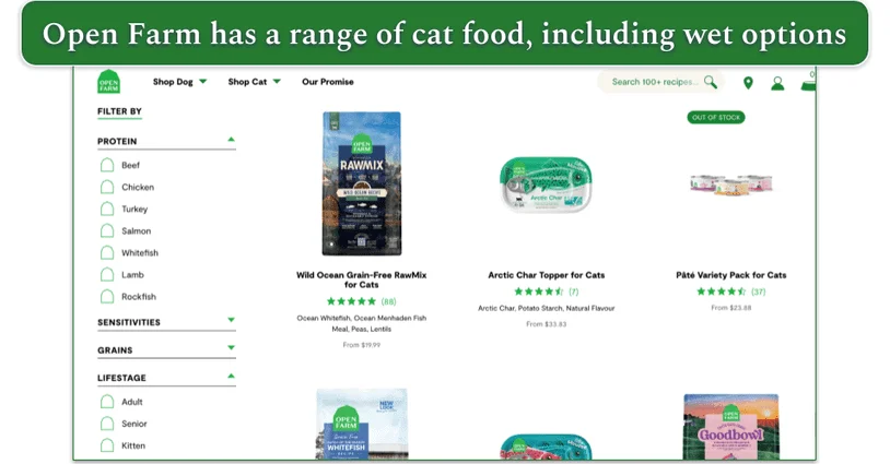 Screenshot of Open Farm’s cat food menu and filters sidebar