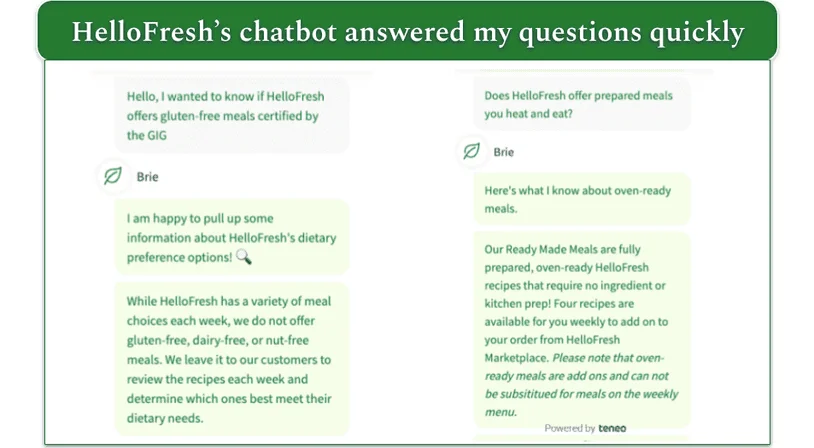 Screenshots of conversations with HelloFresh's chatbot