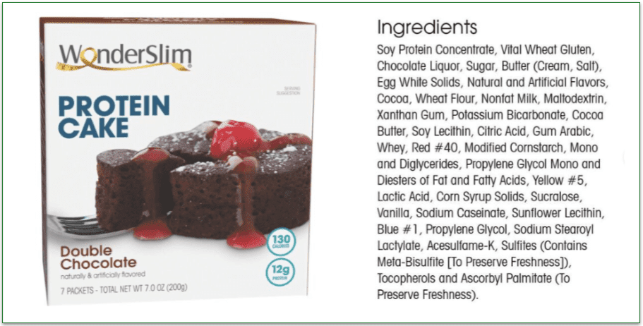Screenshot of the ingredients list for WonderSlim Double Chocolate Protein Cake