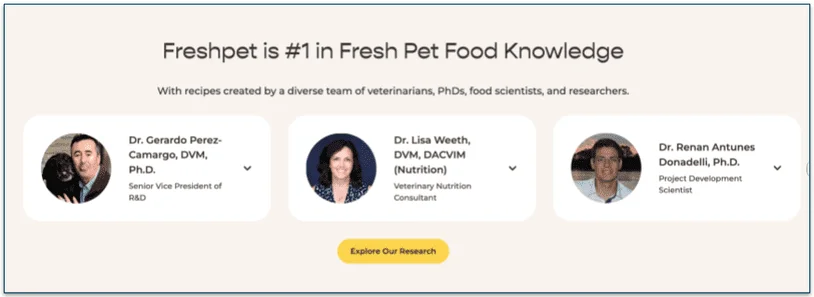 screenshot of Freshpet's experts including 3 headshots with details of their qualifications