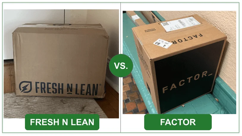 photographs of Fresh N Lean and Factor's unopened delivery boxes side by side