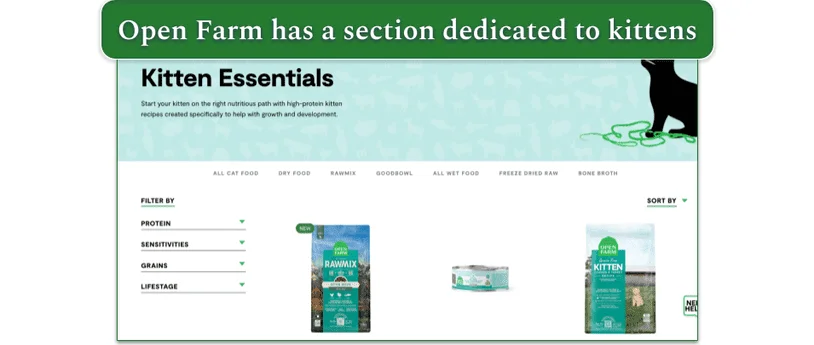 Screenshot of Open Farm’s kitten essentials menu