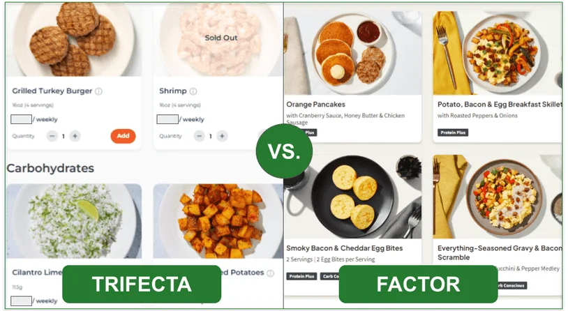 Comparison of Trifecta's Meal Prep menu and Factor's Add-Ons