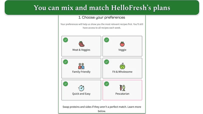 HelloFresh's menu options