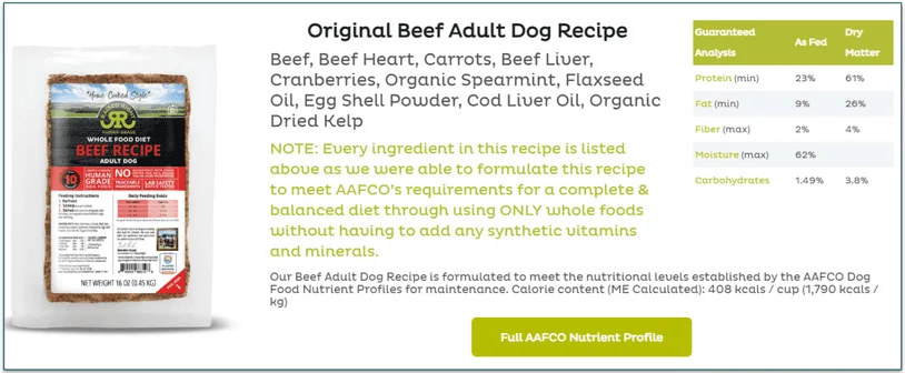Image showing the Raised Right Beef recipe for adult dogs with ingredient and nutritional info next to it