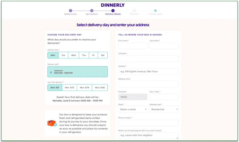 Dinnerly's delivery details screen