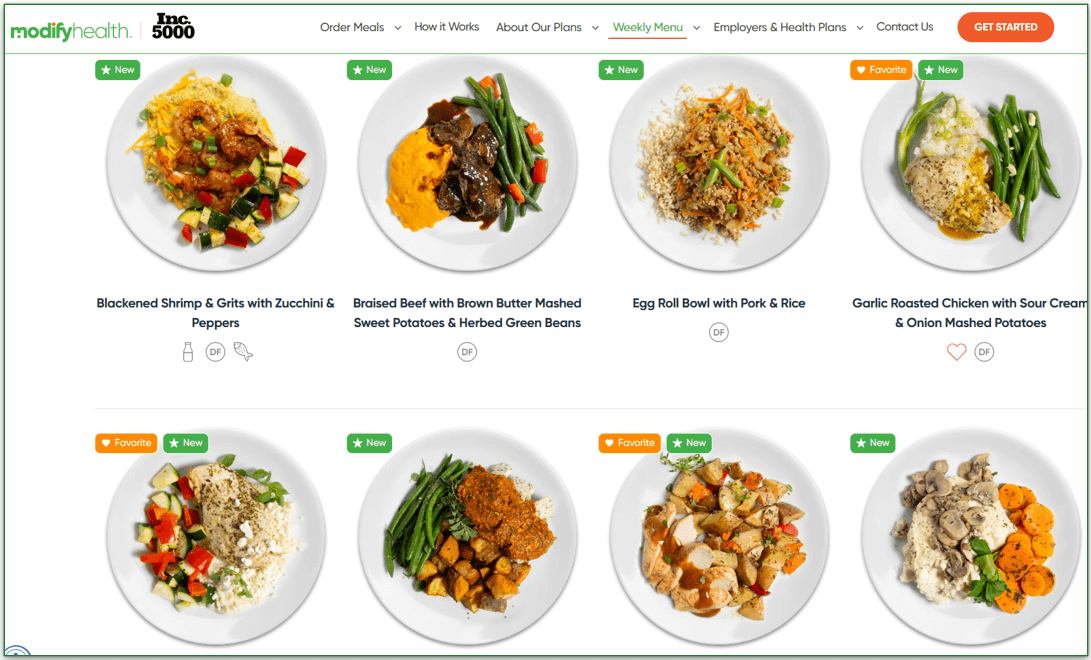 Screenshot of Modify Health's menu with images of the dishes displayed