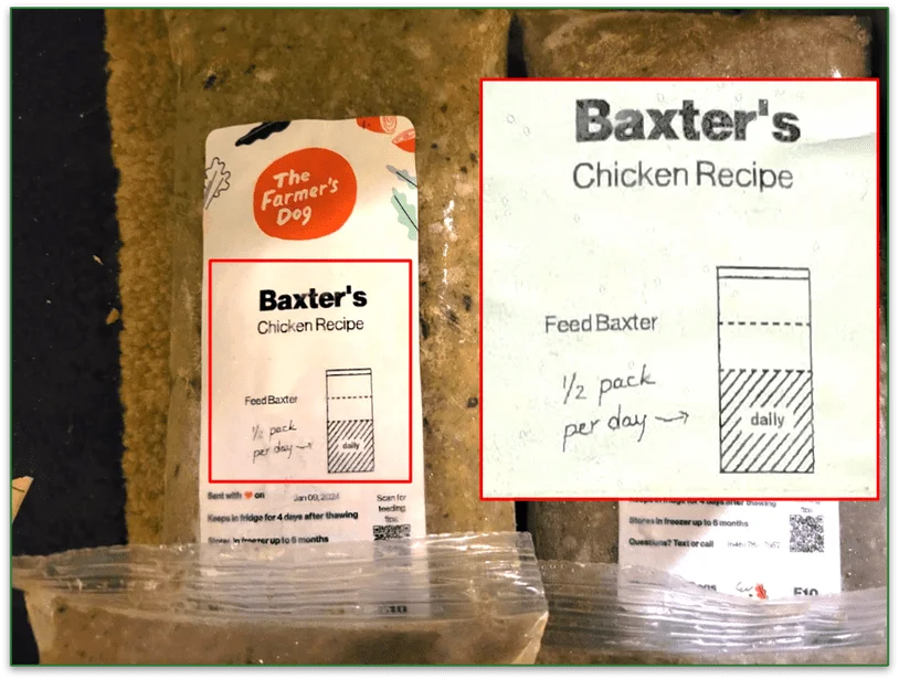 Packaging for The Farmer's Dog's Chicken Recipe with a closeup on its customized feeding instructions