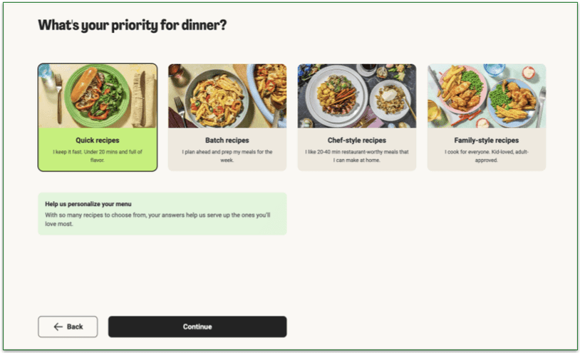 screenshot of hellofresh quiz what's your priority for dinner screen