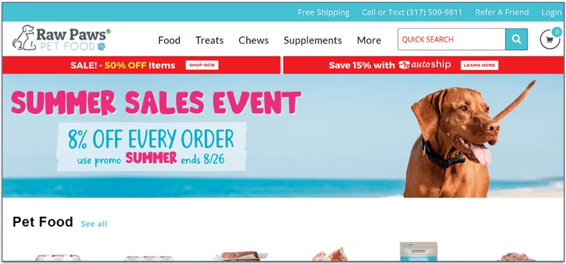 Raw Paws Pet Food's homepage